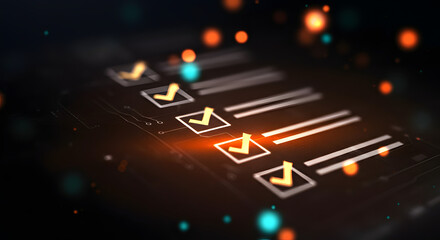 Abstract digital checklist interface with checkmarks and glowing bokeh lights