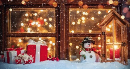 Cozy Christmas decorations arranged on rustic wooden window. Gentle falling snow creating a festive winter atmosphere. Ideal as a holiday background or seasonal backdrop. - Powered by Adobe