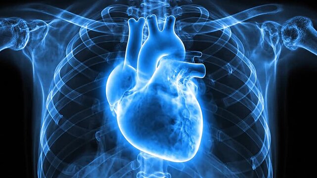 Pure blue heart x-ray pulsing against black site