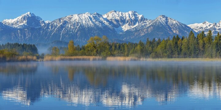 Morning atmosphere at the Hopfensee, near Füssen, Ostallgäu, Allgäu, behind the Allgäu Alps, Bavaria, Germany