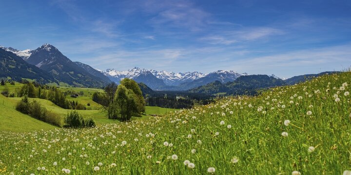 Panorama from Malerwinkel into the Illertal valley, with the Allg&auml;u Alps behind, Oberallg&auml;u, Bavaria, Germany