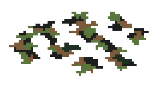 Abstract pixelated camouflage pattern evoking a retro gaming aesthetic on white backdrop