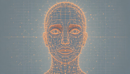 Abstract geometric human face with glowing lines and points on a gray blue background view from front