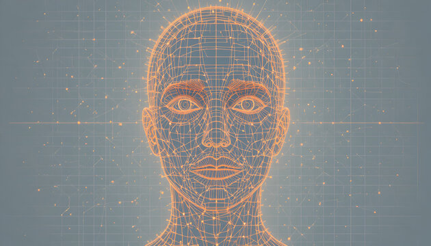 Abstract geometric human face with glowing lines and points on a gray blue background view from front