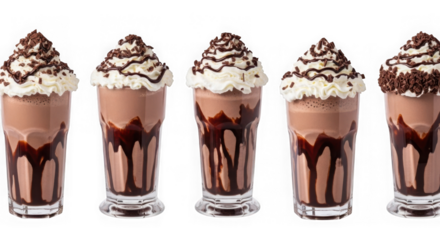 Five chocolate milkshakes topped with whipped cream, chocolate drizzle, and sprinkles, presented in clear glasses on a transparent background