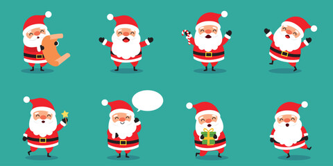 Set of cute smiling Santa Claus characters, cartoon flat vector illustration