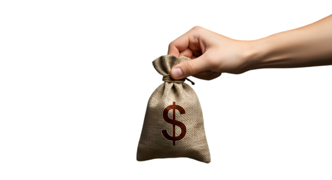 Hand holding small burlap money bag with dollar sign