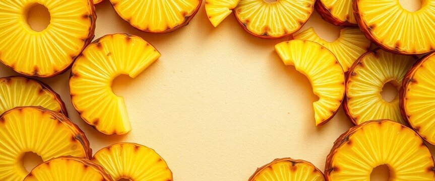 Sliced pineapple rings create a vibrant, textured background,  food,  top view