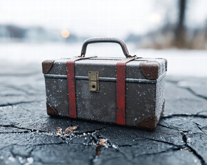 Frozen toolbox dusted with snow metal box with red straps locked handle icy pavement background winter outdoors vintage tool case frost covered