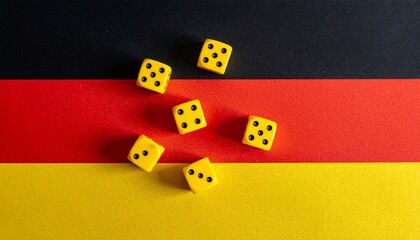 yellow dice scattered across a background resembling the German national flag