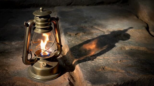 Antique Oil Lantern Burning with a Strong Flame and Shadow on Stone image photo