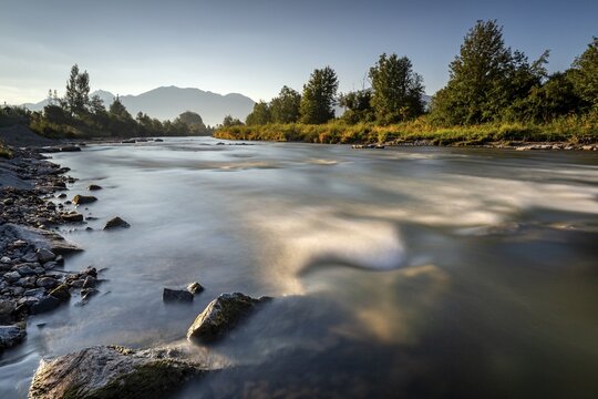 Rapids in the river, mountain landscape, morning light, Loisach, Alpine foothills, Bavaria, Germany