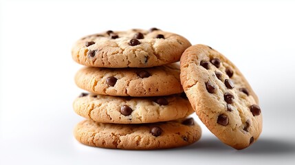 Stack of freshly baked chocolate chip cookies on a plain background