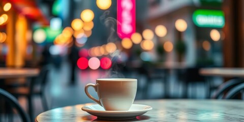 Steaming coffee cup on cafe table, city lights bokeh background, coffee, aroma