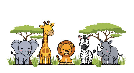 Naklejka premium Charming African Safari Animals Illustration with Cute Elephant Giraffe Lion Zebra Rhino