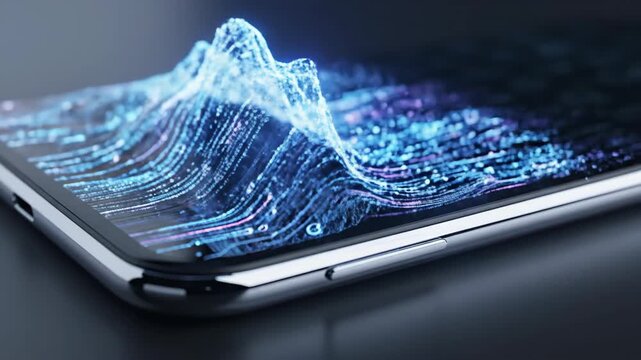 Smartphone screen showing flowing digital waves. Blue data streams emerging from display visualizing 5G connectivity and wireless network flow. video footage video footage - Powered by Adobe