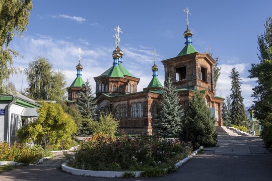 Russian Orthodox Church Cathedral of the Holy Trinity, wooden church with green spires, Karakol, Kyrgyzstan