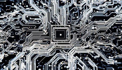A detailed close up of a complex white circuit board pattern on a black background with a chip center