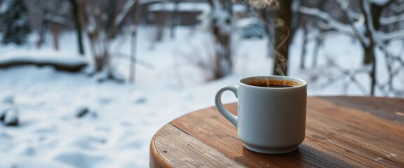 Steaming mug of coffee sits on wooden table against snowy winter landscape, drinkware, drink