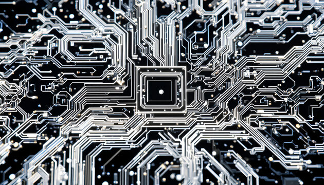 A detailed close up of a complex white circuit board pattern on a black background with a chip center
