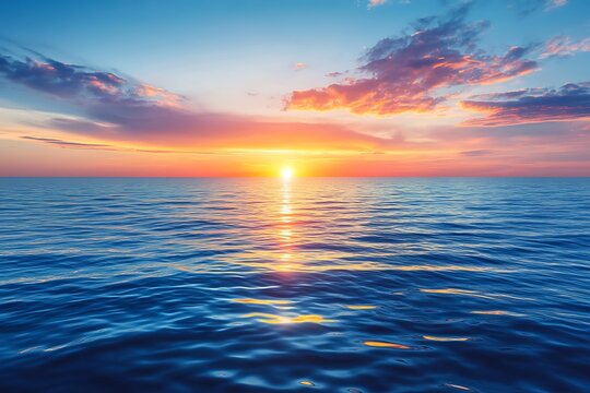 Experience the serene beauty of a vibrant ocean sunset, where golden light dances on calming blue waters at twilight