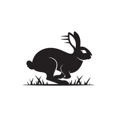 PrintBlack running rabbit silhouette on grass, isolated white background