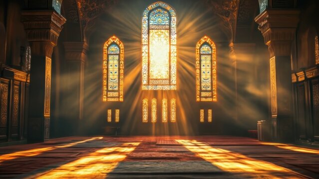 Illuminated interior of a mosque with ornate columns and stained glass windows