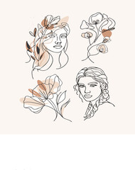 PrintMinimalist line art female faces with abstract floral elements
