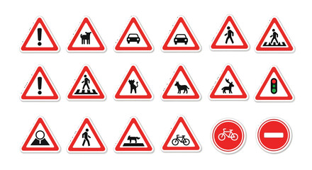 Collection of various road traffic warning signs for drivers and pedestrians awareness