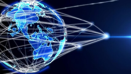 A digital globe with glowing lines represents global connectivity. The video uses a low-angle shot, emphasizing a futuristic, tech-inspired style. - Powered by Adobe