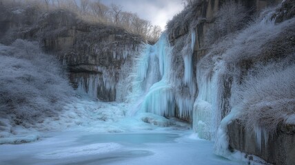 Frozen waterfall and icy landscape in winter