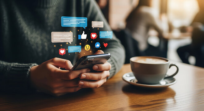 Photographer holding a digital camera to take a picture of a coffee cup in a cafe