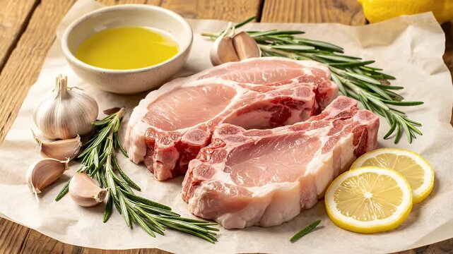 A plate of meat with lemon slices and herbs on top. The meat is cut into small pieces and is surrounded by garlic and rosemary