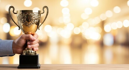 A hand holding a gold trophy cup with a blurred background.