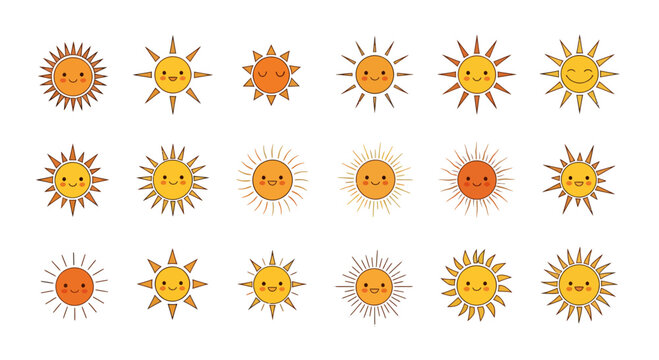 Diverse collection of cheerful sun icons radiating warmth and positivity for graphic design projects