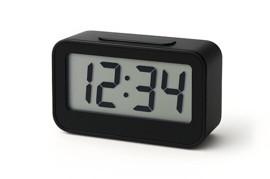 A black digital alarm clock featuring a clear numeric display and modern design, isolated on a plain background.