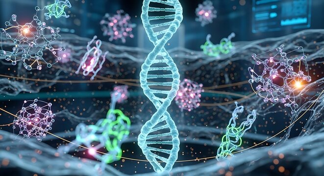 DNA helix structure with surrounding biological molecules, science concept. - Powered by Adobe