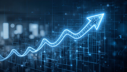 A glowing blue arrow pointing upwards with a graph on a blue technological background texture