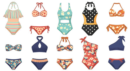 Fototapeta premium Diverse swimwear collection featuring playful patterns and chic designs for sunny days fashion