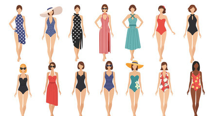 Diverse women in swimwear summer fashion illustration showcasing various body types