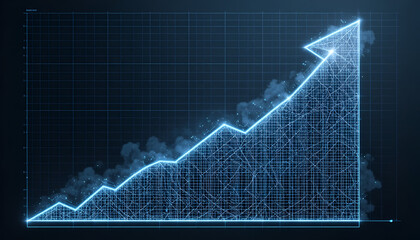 A blue line graph showing an upward trend with a grid background and cloud like formations around it