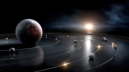 Orbiting planet, with smaller spheres moving around, against a black and blue nebula-like background