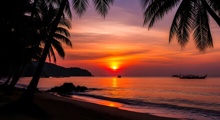 Tropical beach with palm trees at vibrant sunset for serene landscape scene