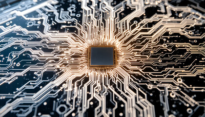 A detailed close up shot of a microchip with intricate circuit patterns and a central square element
