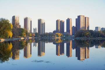 Calm waters of Diaoyu Lake perfectly mirror the modern buildings of Shenyang, creating a serene urban landscape. Soft daylight enhances the symmetry and clarity of the reflection.