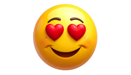 Heart-eyes emoji isolated on white background, yellow smiling face with hearts for eyes, love and affection illustration, expressive emoticon for messaging, cute emoji design.