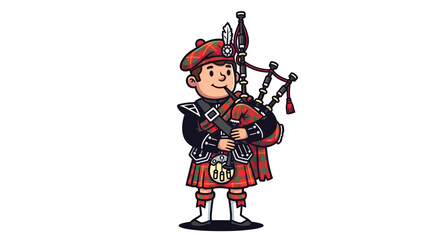 Enchanting cartoon of scotsman playing bagpipes in traditional attire against white backdrop