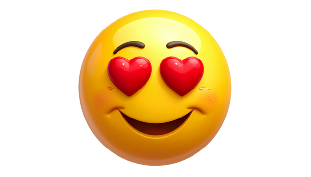 Heart-eyes emoji isolated on white background, yellow smiling face with hearts for eyes, love and affection illustration, expressive emoticon for messaging, cute emoji design.