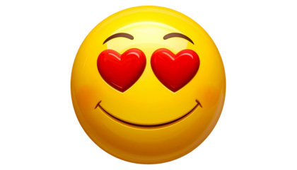 Heart-eyes emoji isolated on white background, yellow smiling face with hearts for eyes, love and affection illustration, expressive emoticon for messaging, cute emoji design.
