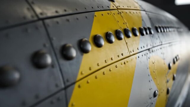 Close-up of riveted metal panels, grey and yellow, with a curved form